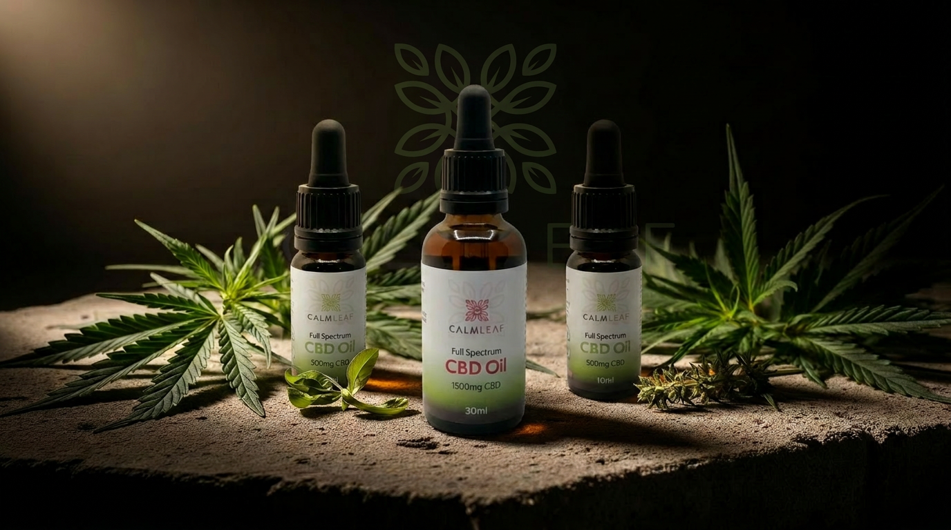 Premium CBD oil bottles on a stone surface, lit cinematically.